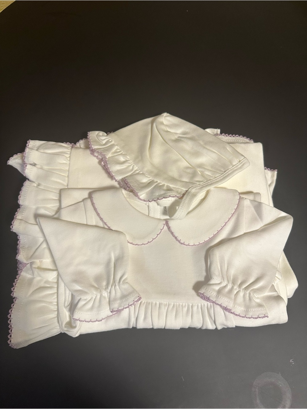 Baby Girls white Long Sleeve Ruffled Layette Set with Light Pink Trim organic